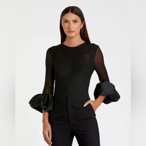 NWOT MAC DUGGAL Mesh Long Sleeve Bodysuit With Satin Puff Sleeve BLACK R49955